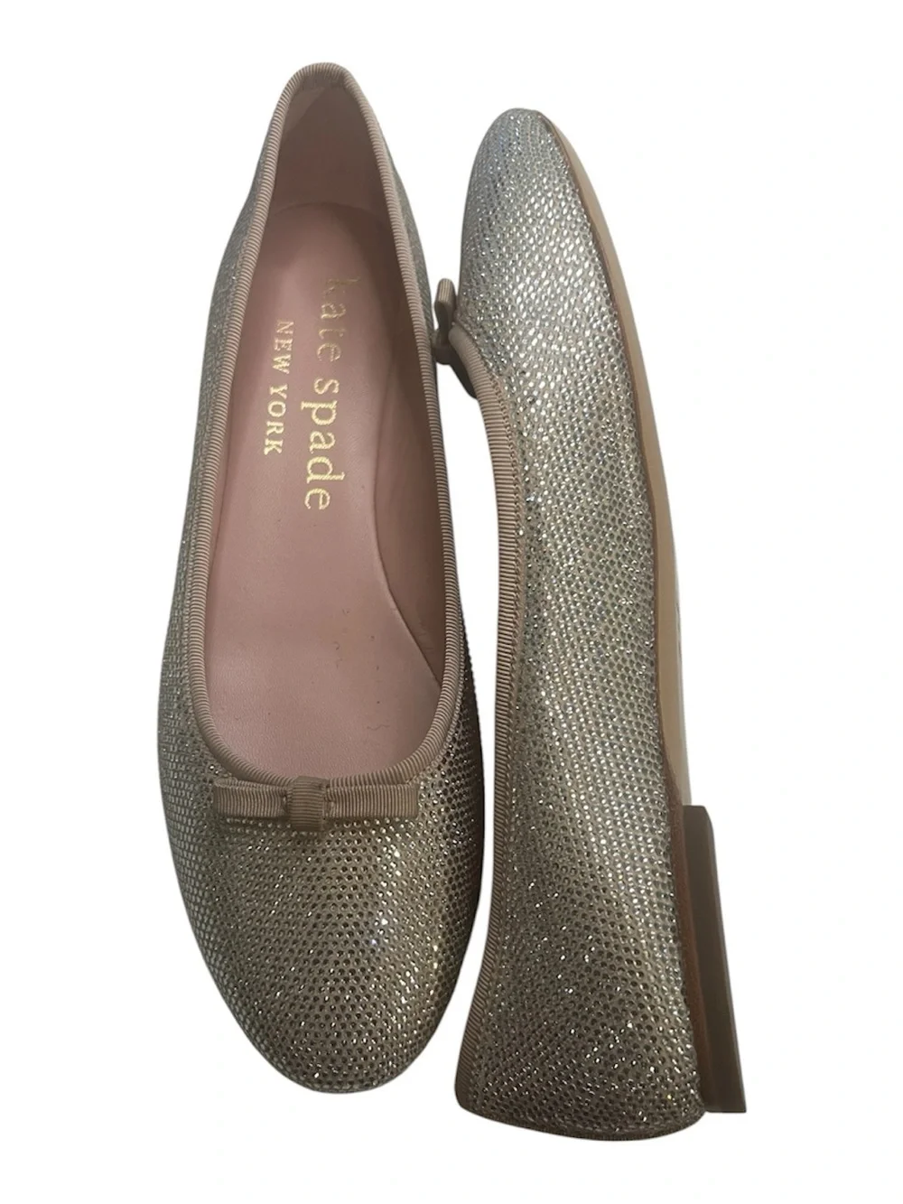 Kate Spade Leather Clover Pave Beige Gold Glitter Bow Ballet Flats Size 9.5B